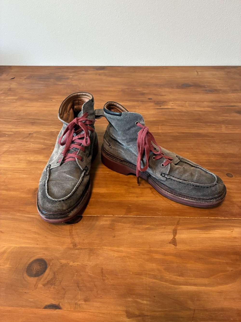 John Varvatos Gray Suede Moc Toe Boots with Red Laces